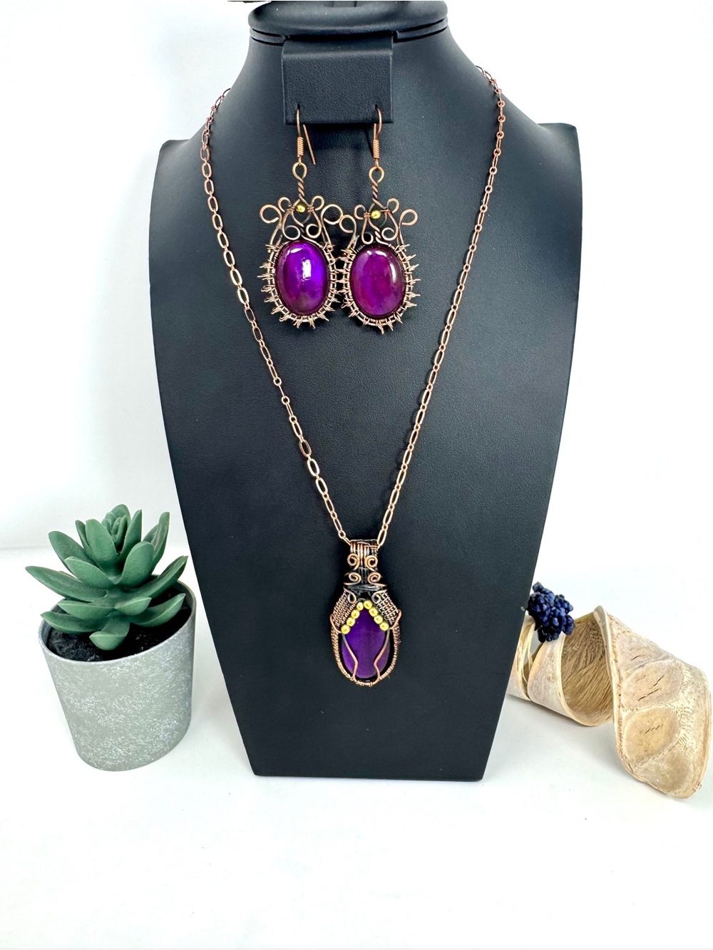 NWOT Artisan Wire Wrapped Copper Jewelry Set - Boho Purple Cabochon Pendants